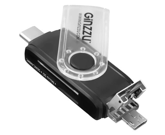 Точка ПК Кардридер Ginzzu GR-325B, Type-C, SD, MicroSD, черный