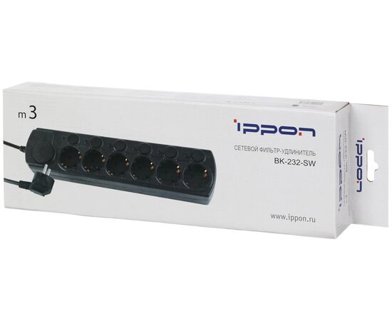 Точка ПК Сетевой фильтр Ippon BK232 3м (6 розеток) черный (коробка), изображение 4