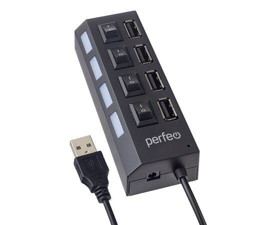 Точка ПК USB-HUB Perfeo 4 Port, (PF-H030 Black) чёрный