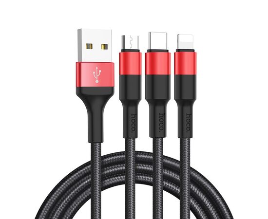 Точка ПК Кабель HOCO USB X26 Xpress 3 в 1 для Lightning, Micro USB, Type-C, 2.0A, 1 м, черный/красный